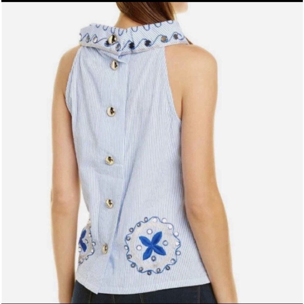 Sail To Sable Blue and White Embellished Cowl Neck Sleeveless Top M